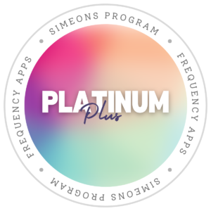 Colorful rainbow gradient background featuring the words 'Platinum Plus Simeons Program Frequency Apps