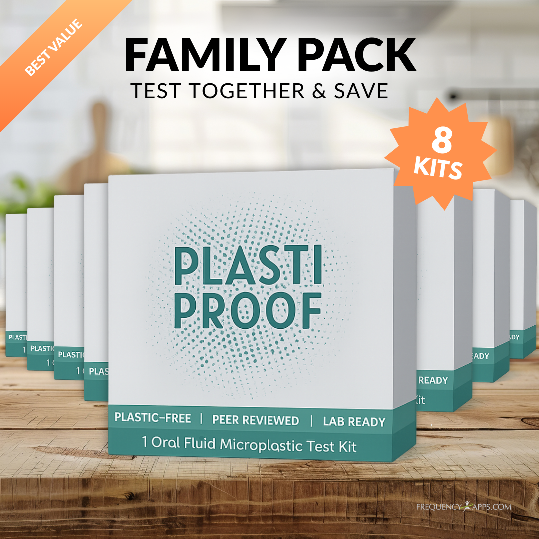 Family pack microplastics saliva test kit showing eight Plastiproof test boxes on kitchen counter labeled best value.