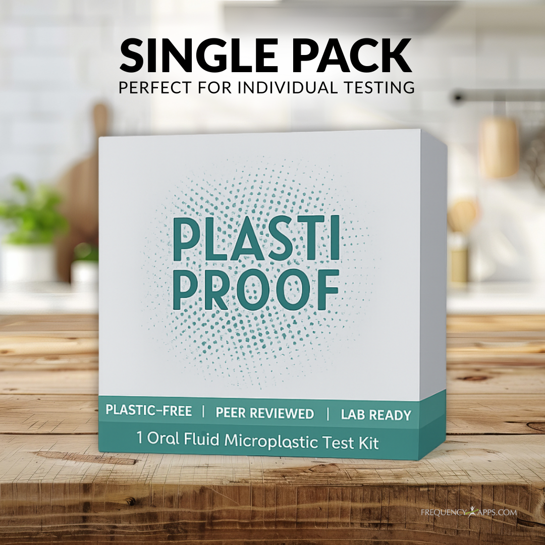 Single pack Plastiproof microplastics saliva test kit displayed on kitchen counter.