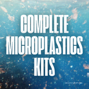 Water surface with floating plastic debris and headline Complete Microplastics Kits for saliva test and bioenergetic patch detox system.